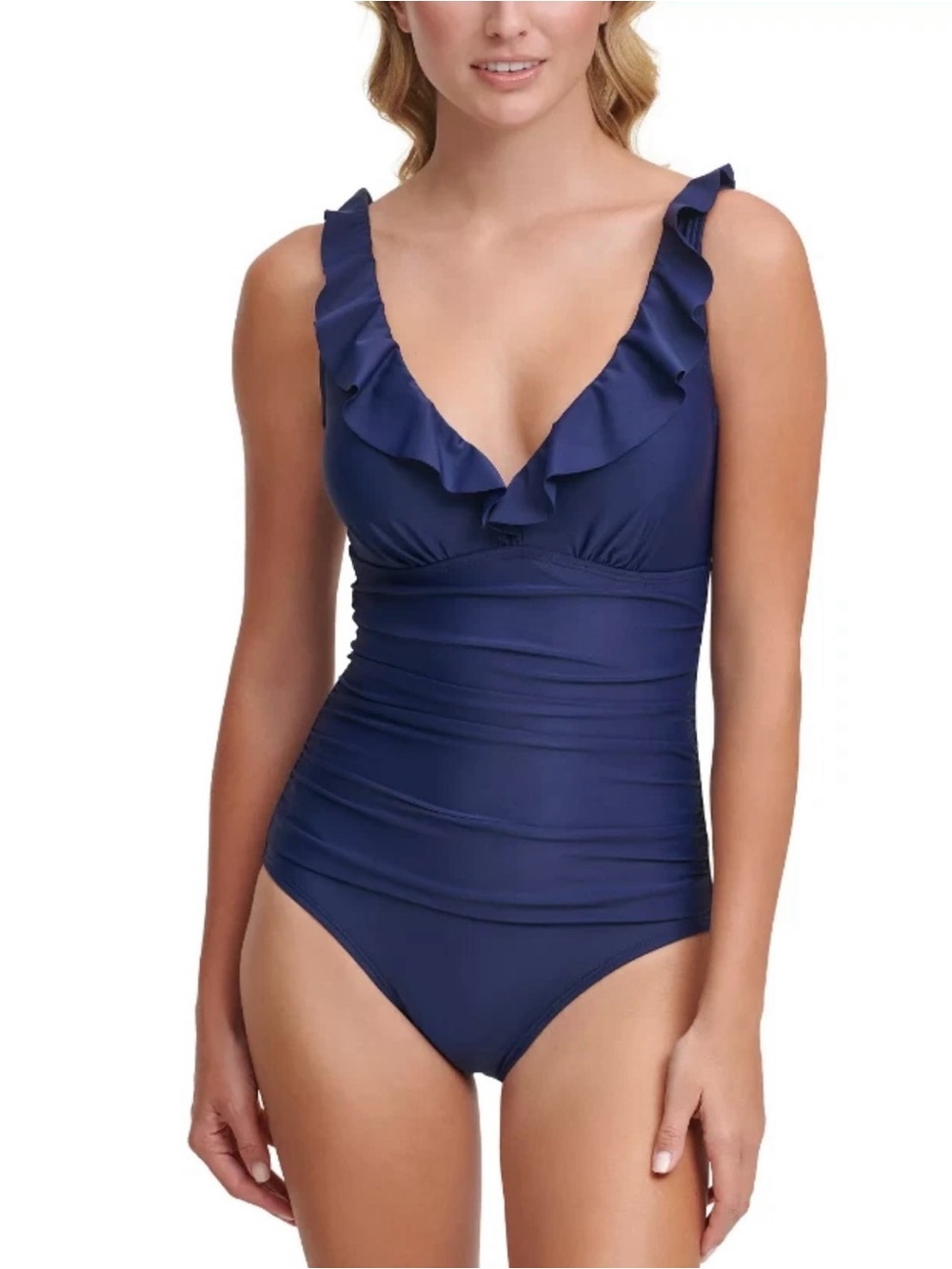 NWT Dkny Women's Swimwear Blue Ruffle Ruched One Piece Size L